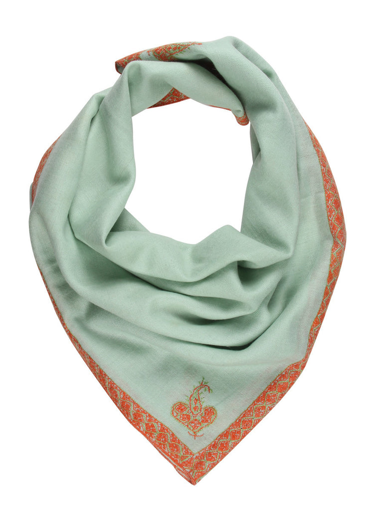 Green pure pashmina stole with orange hand embroidery