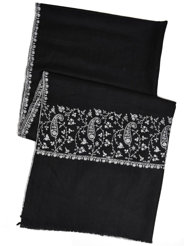 Black pure pashmina stole with white hand embroidery