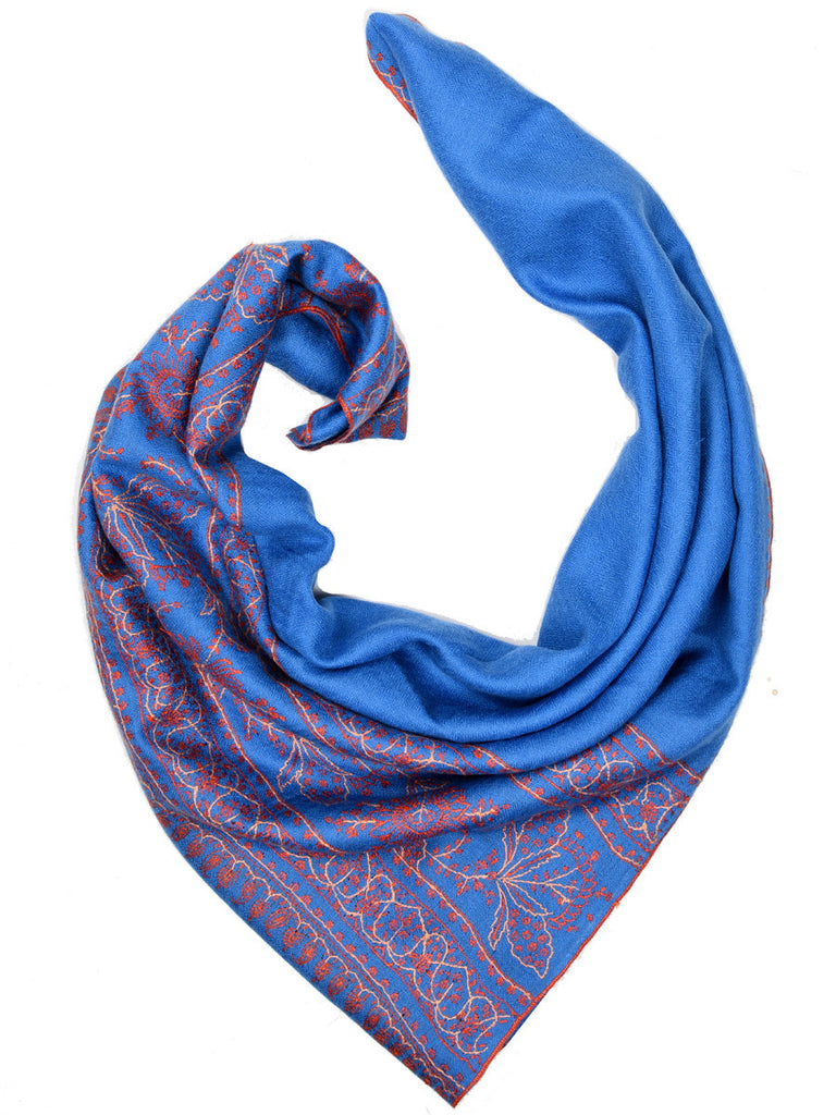 Blue-Grey pure pashmina stole with orange hand embroidery