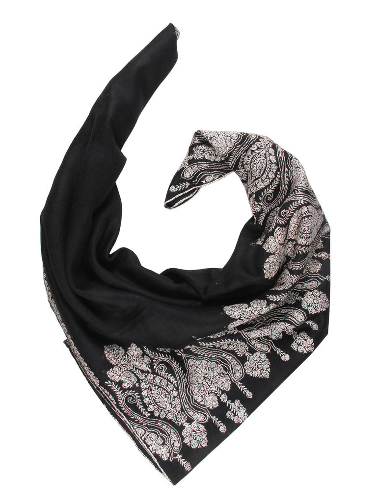 Black pure pashmina stole with white embroidery