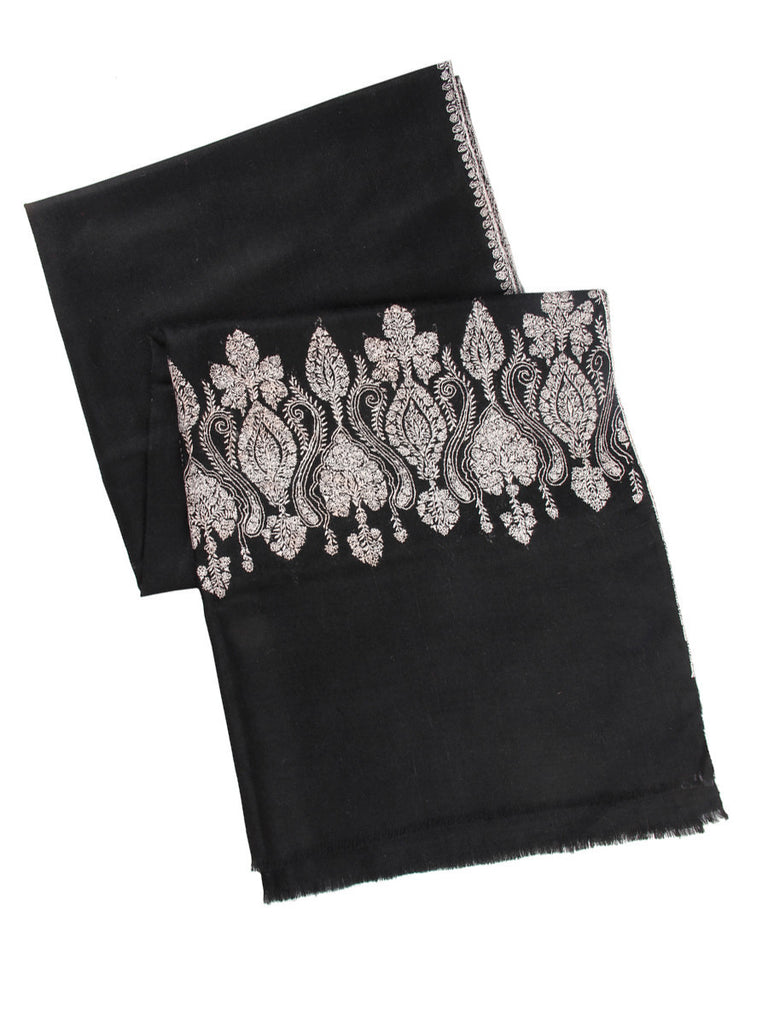 Black pure pashmina stole with white embroidery