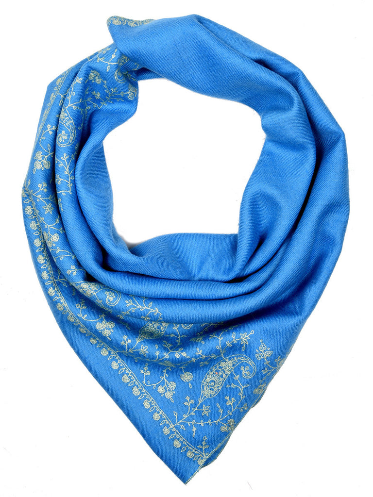Blue-Grey pure pashmina stole with white hand embroidery