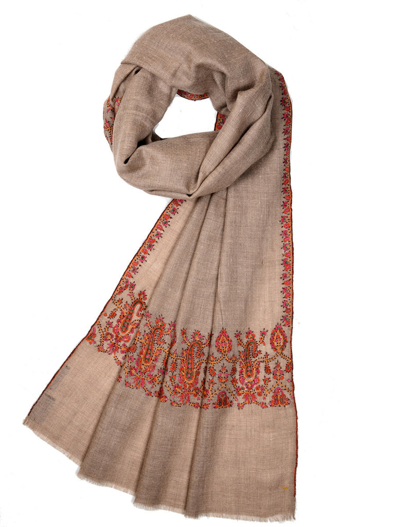 Natural color pure pashmina stole with intricate orange embroidery