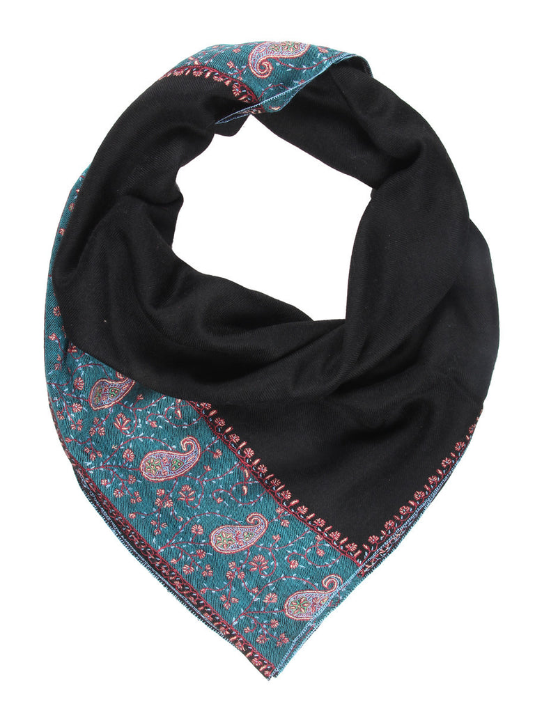 Black Pure Pashmina Stole with Paisley Embroidery on Palla