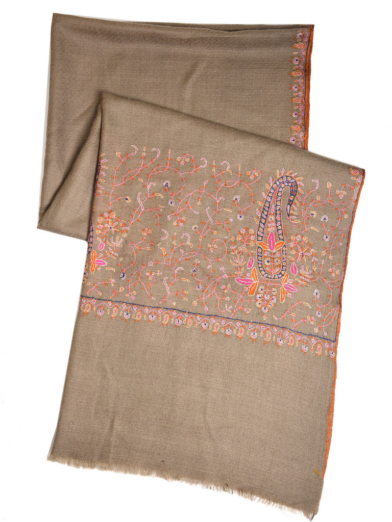 Natural color pure pashmina stole with pink and orange hand embroidery