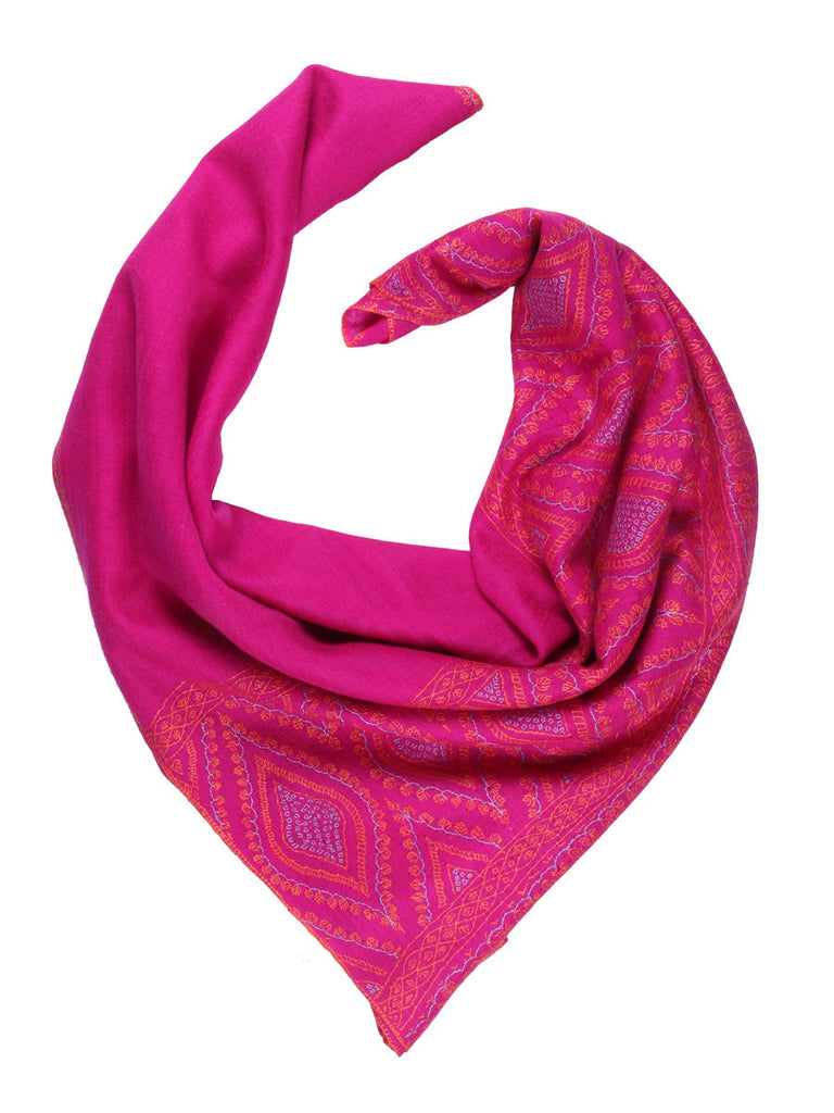 Pink pure pashmina stole with orange hand embroidery on palla