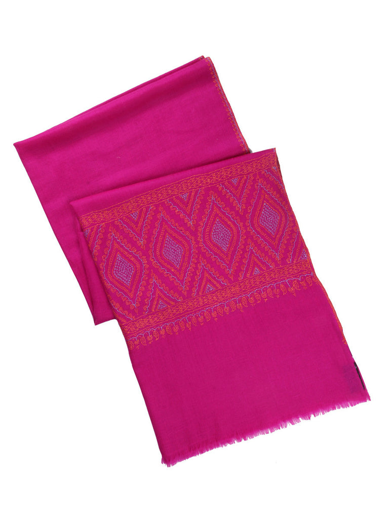 Pink pure pashmina stole with orange hand embroidery on palla
