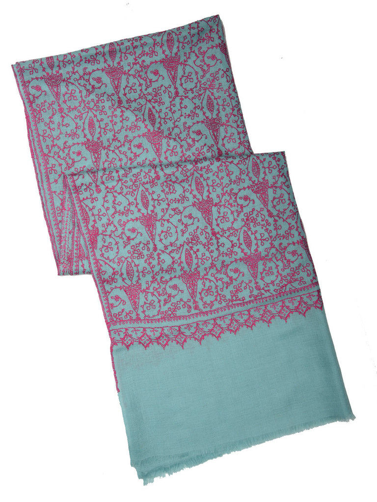 Pine green pure pashmina stole with pink hand embroidery jal