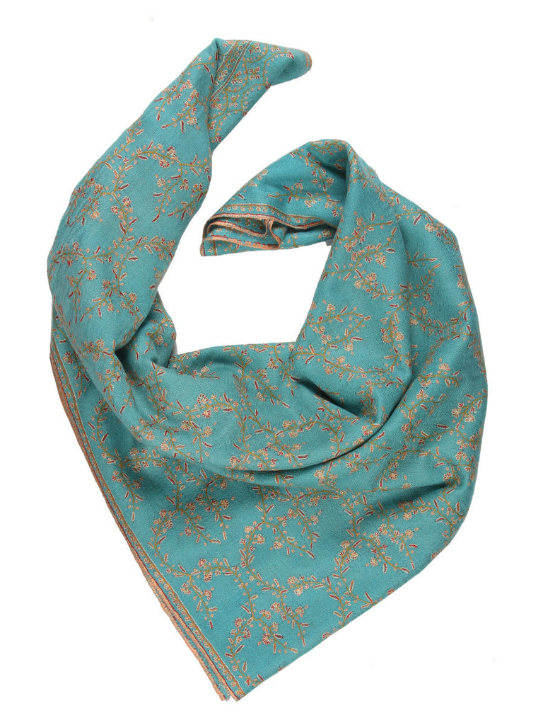 Sea Green Pure Pashmina Stole with Orange Hand Embroidery Jal