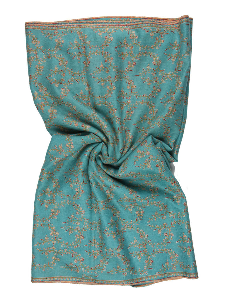 Sea Green Pure Pashmina Stole with Orange Hand Embroidery Jal