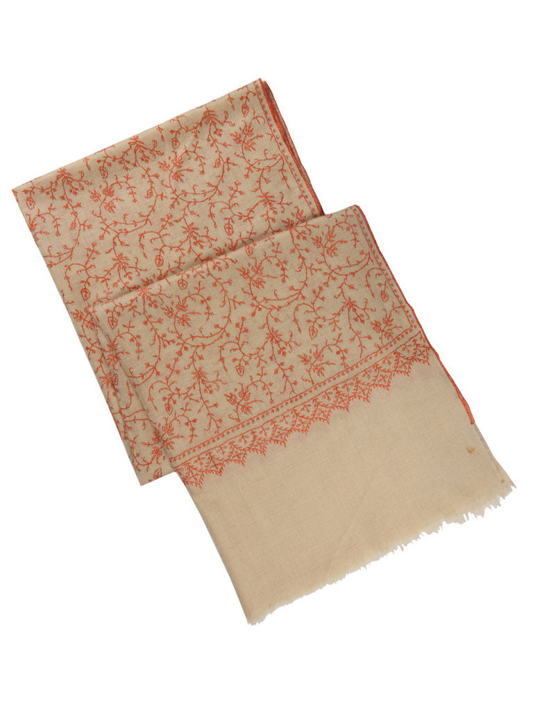 Off-White pure pashmina stole with orange hand embroidery jal