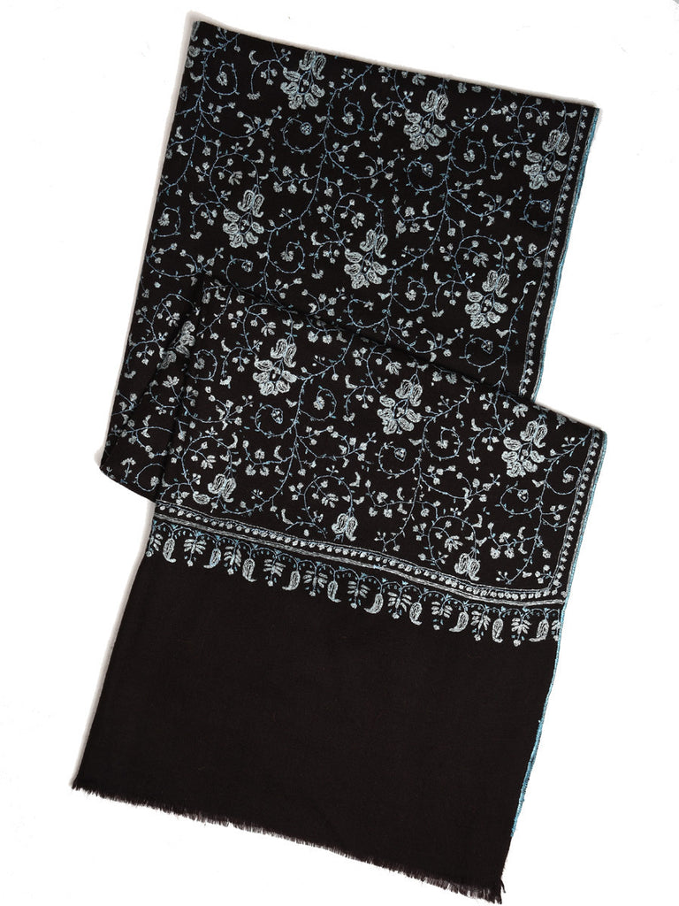 Pure black pashmina with blue hand embroidery jal