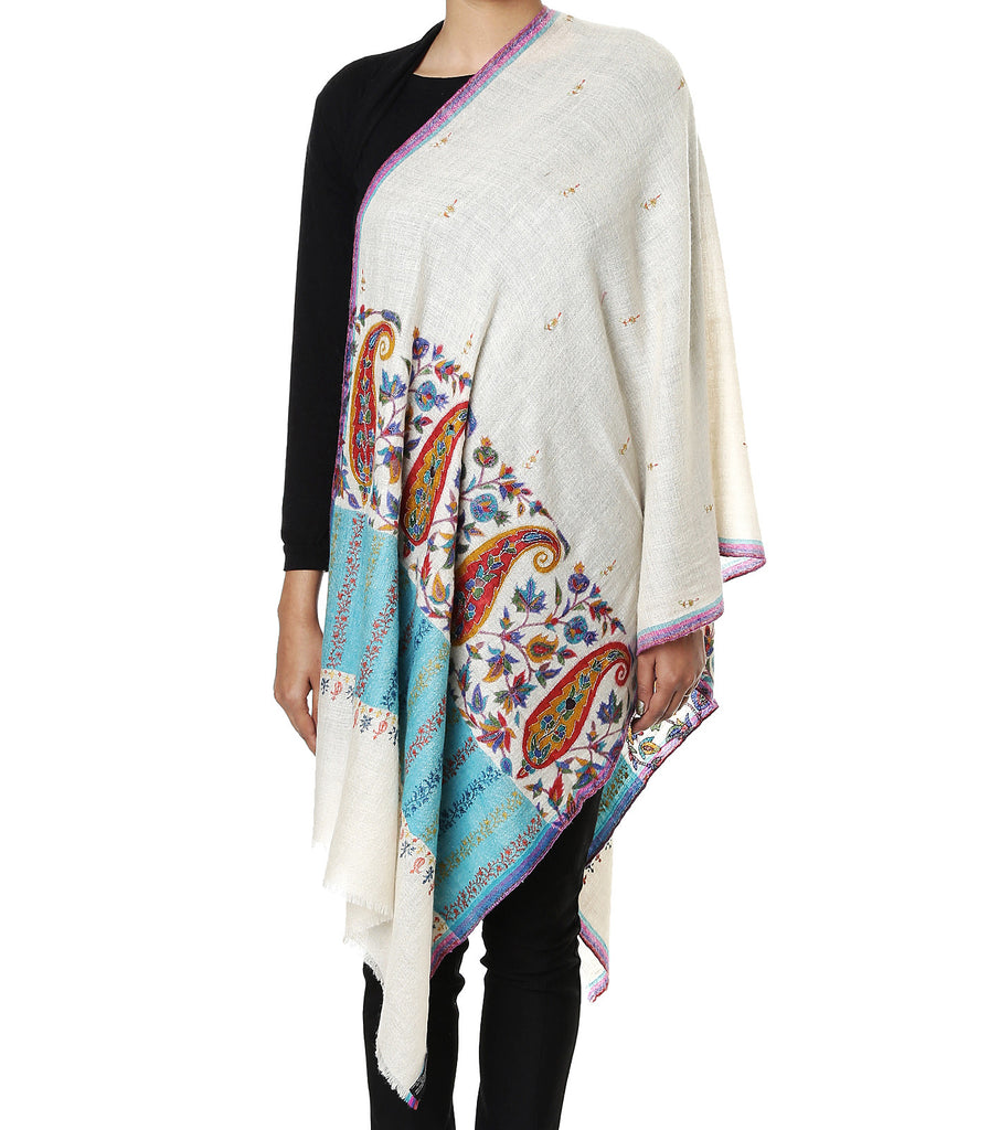 Off-white pure pashmina stole with double Kalamkari print on palla and all over booti