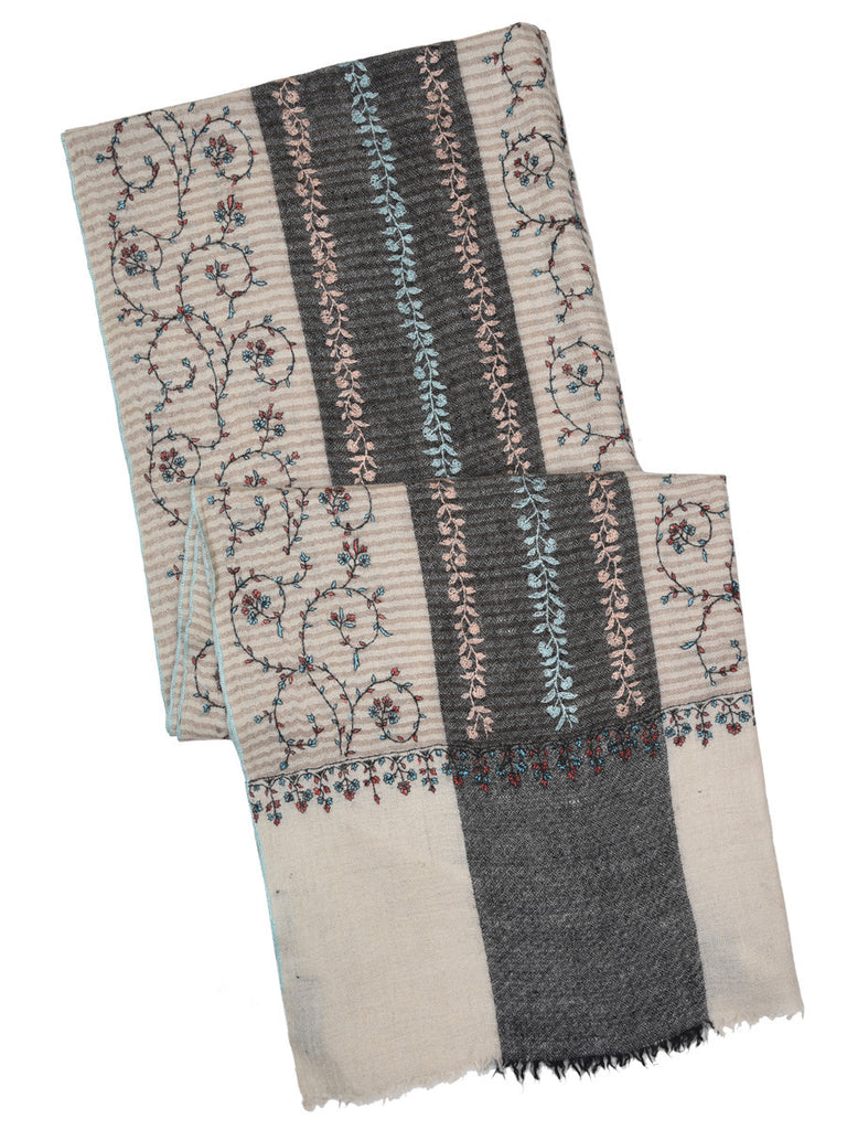 Off-white pure pashmina stole with stripes & hand embroidery