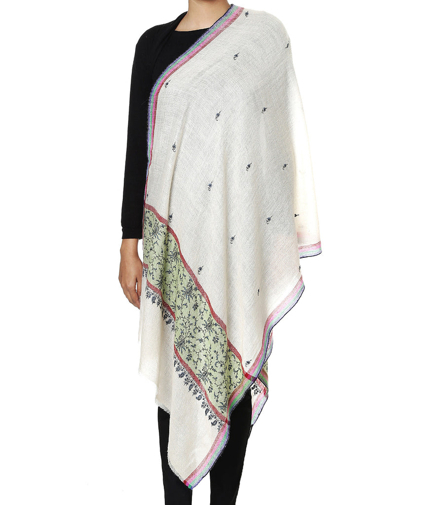 White pashmina stole with green color embroidered palla and all over booti