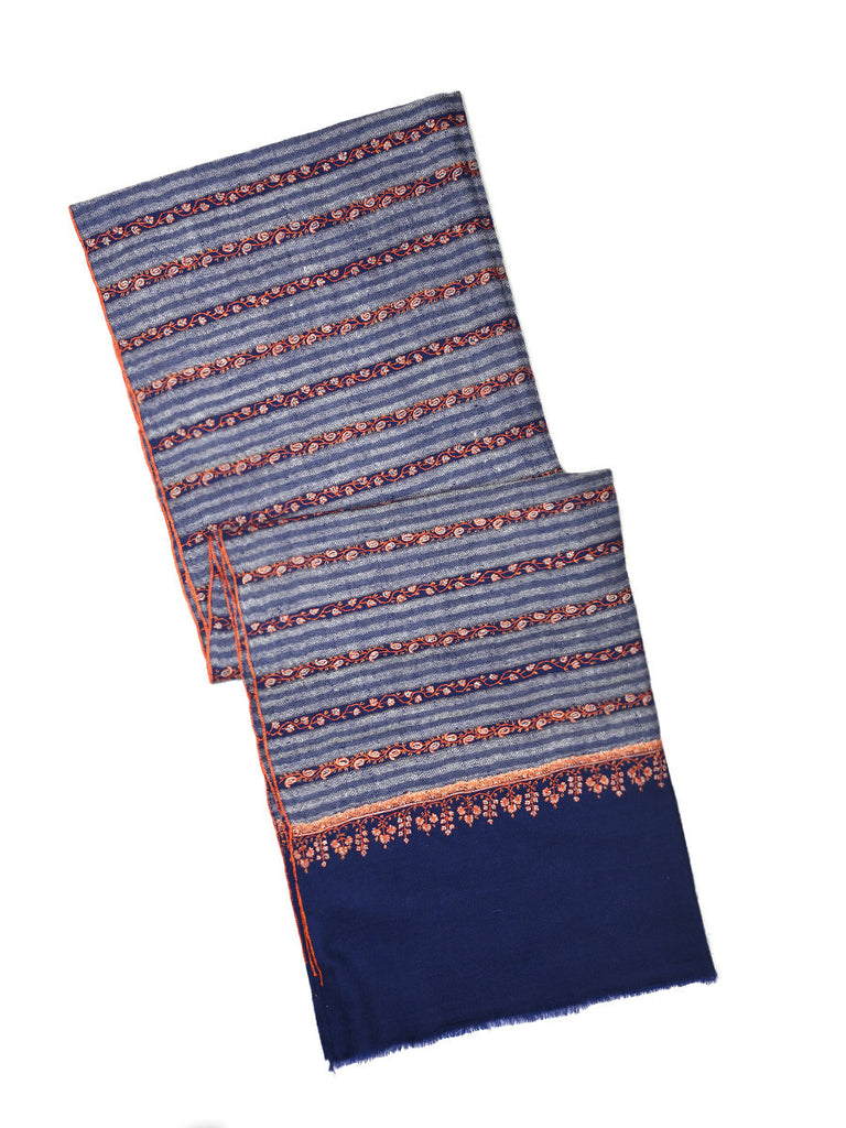 Blue stripes pashmina stole with orange hand embroidery