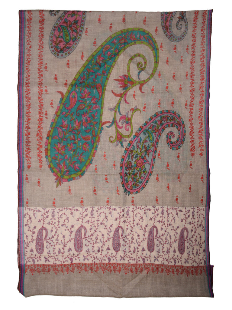 Natural Color Kalamkari Pashmina Stole with Paisleys, Booti & White Embroidered Palla