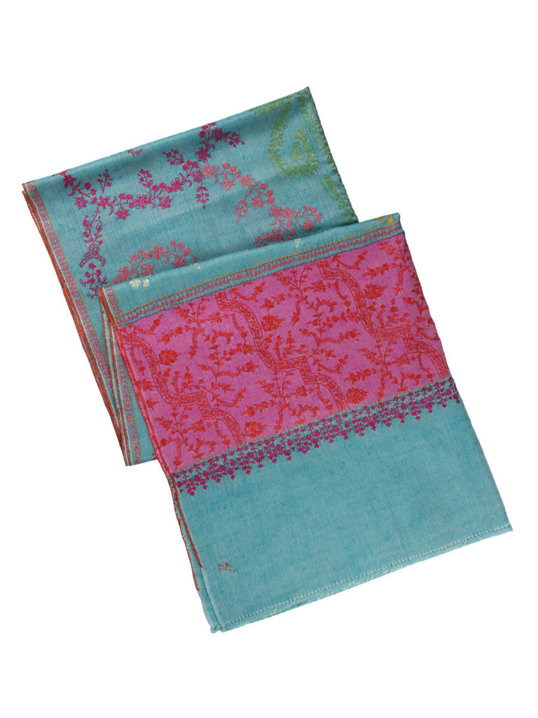 Turk Blue Pashmina Stole with Jal Hand Embroidery & Pink Palla