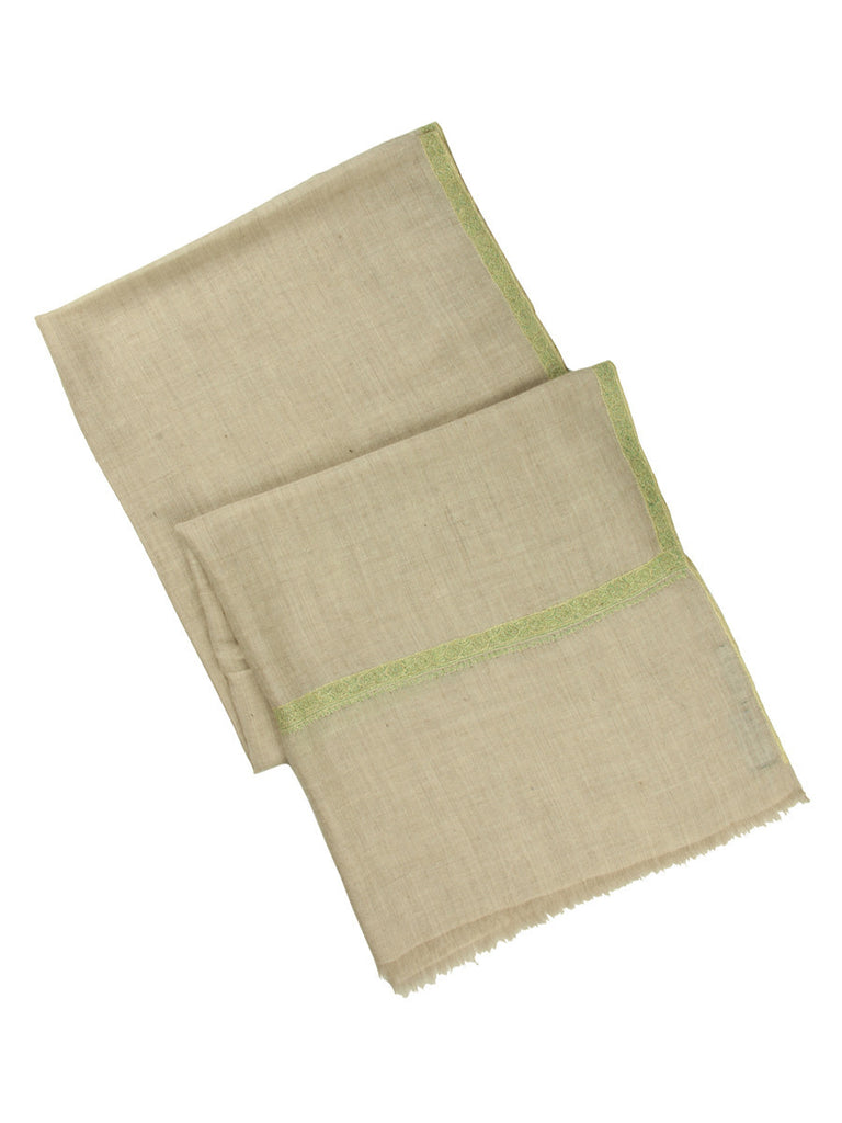 Greyish-Beige Pure Pashmina Stole with Green Hand Embroidered Border