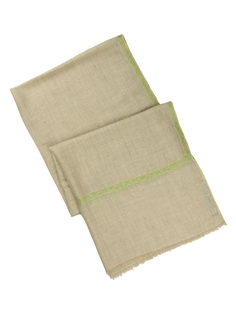 Beige Pashmina Stole with Green Hand Embroidered Border