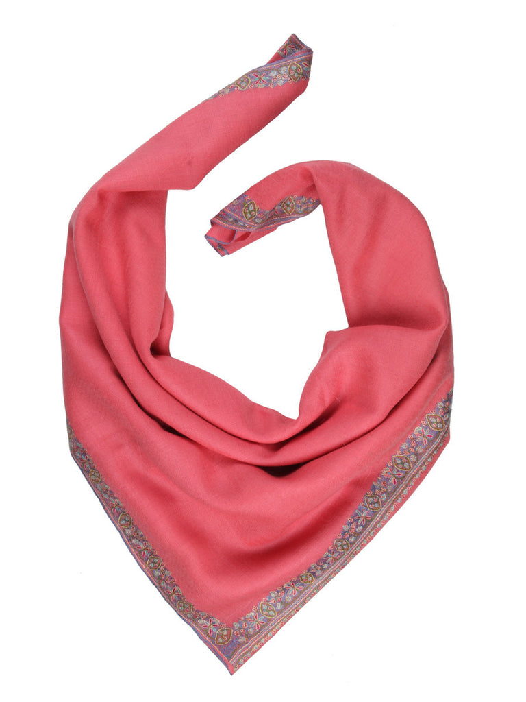 Peach Pink Pure Pashmina Stole with Blue Hand Embroidered Border