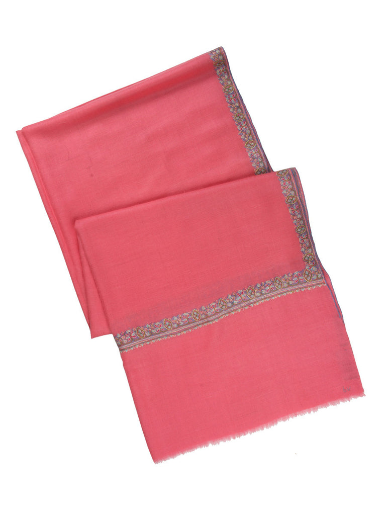 Peach Pink Pure Pashmina Stole with Blue Hand Embroidered Border
