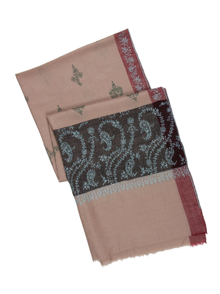 Deep Beige Pashmina Stole with Black Embroidered Palla & Green Booti
