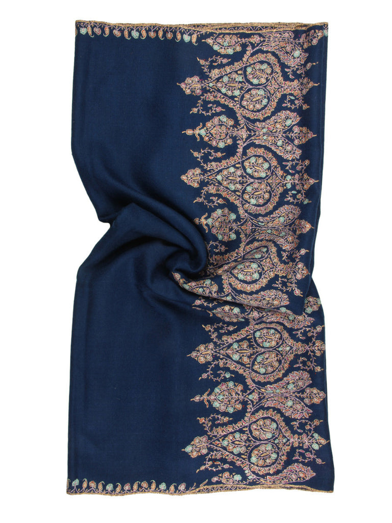 Deep Blue Pure Pashmina Stole with Hand Embroidered Palla