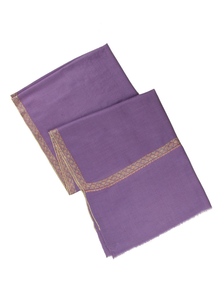Mauve Pure Pashmina Stole with Blue & Pink Hand Embroidery Border