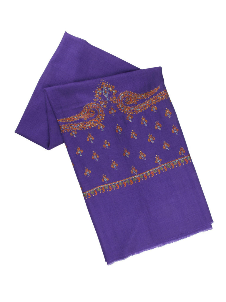 Purple Pure Pashmina Stole with Hand Embroidered Palla & Border