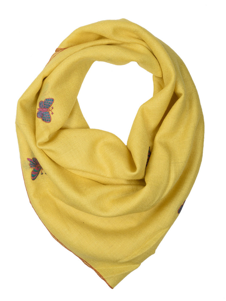 Yellow Pure Pashmina Stole with Butterfly Booti