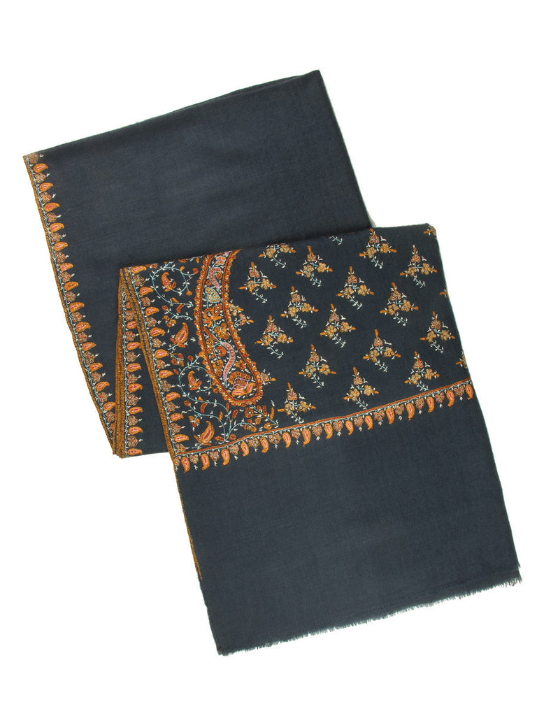 Deep Grey Pure Pashmina Stole with Hand Embroidered Palla & Border