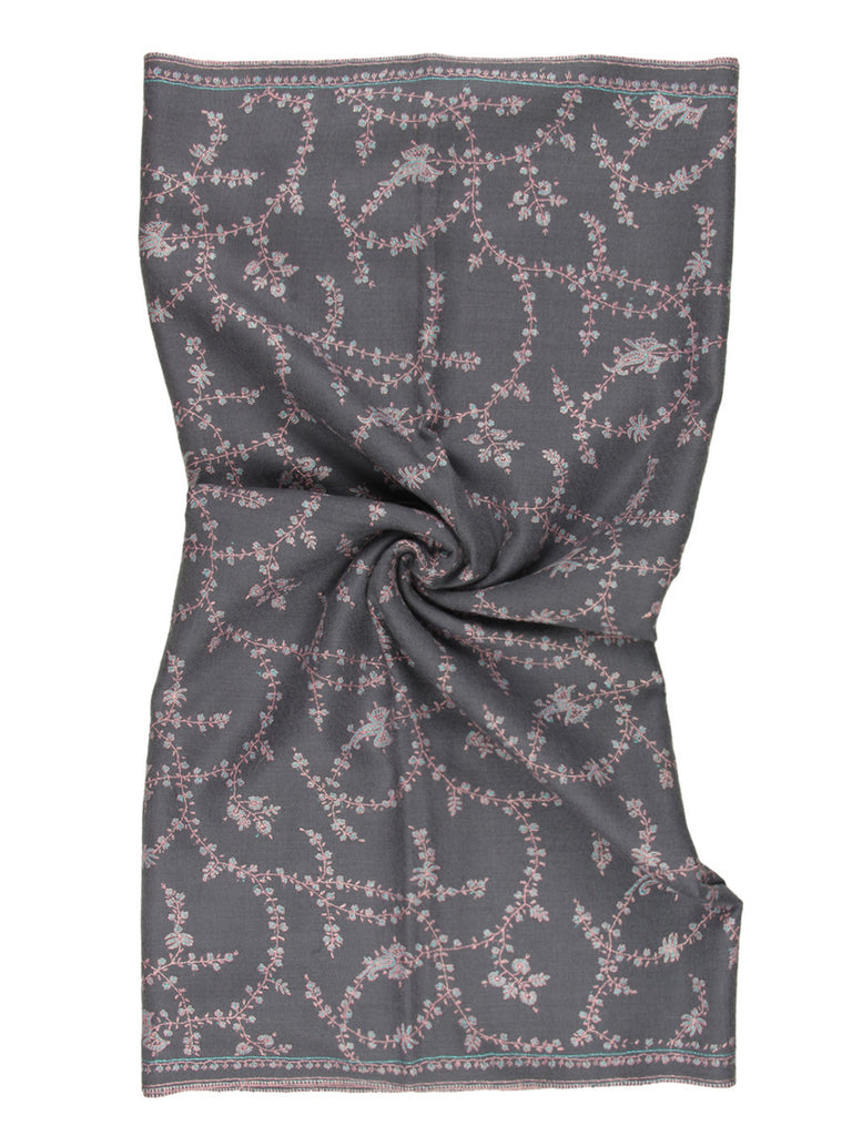 Fossil grey pure pashmina stole with pink hand embroidery jal