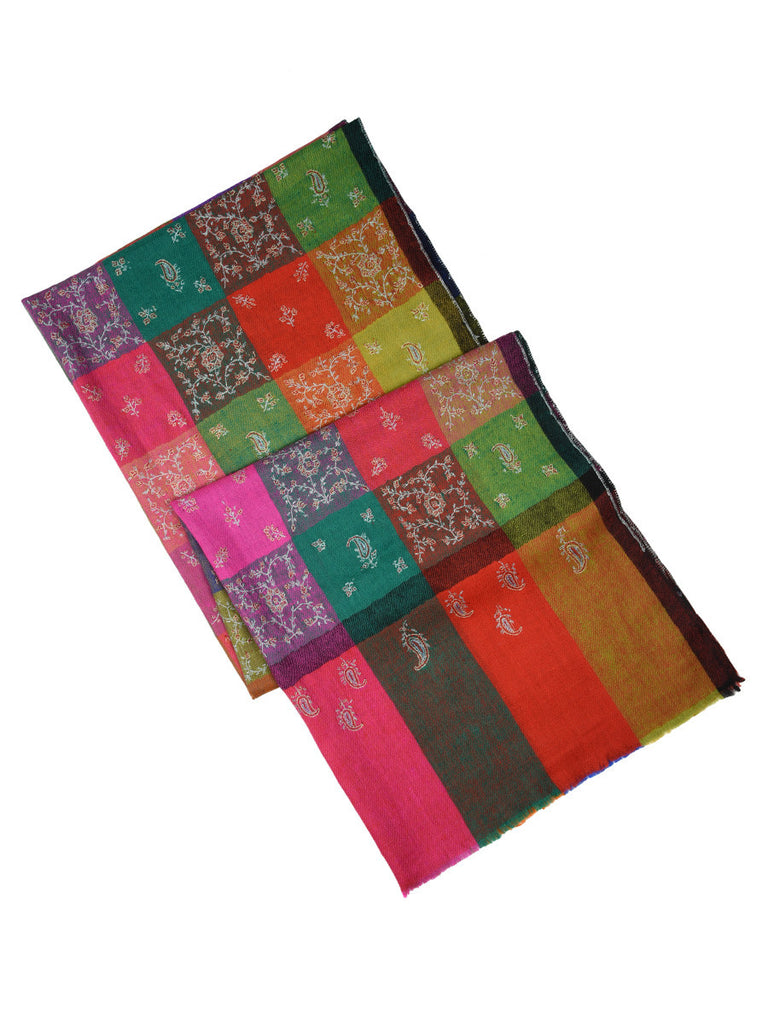 MultiColor Checks Pure Pashmina Stole with all over Hand Embroidery