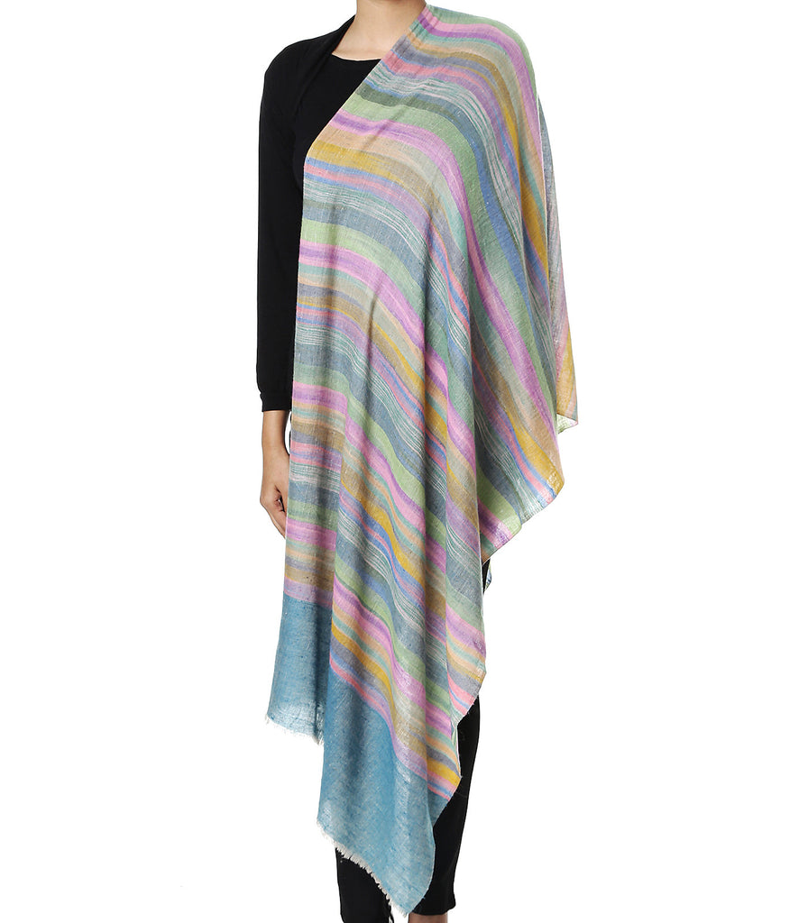Multicolor Stripes Pashmina Stole with Cerulean Blue Tana Bana Palla