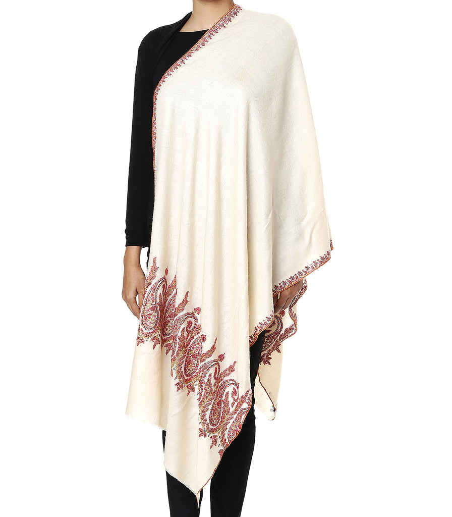 Off-White Pashmina Stole with Paisley Embroidered Motifs on palla