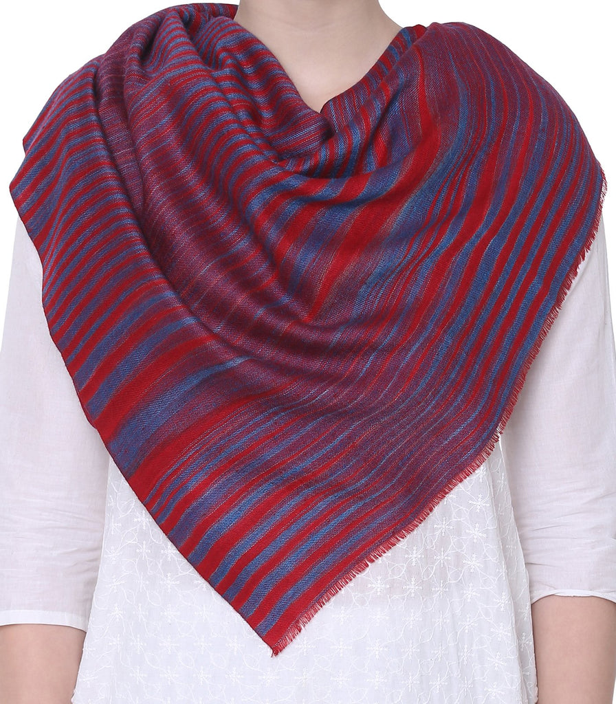 Dual Shade Red & Blue Stripes Reversible Pashmina