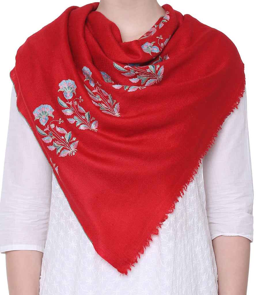Red Bootidaar Pashmina with Papier Mache embroidery on Palla