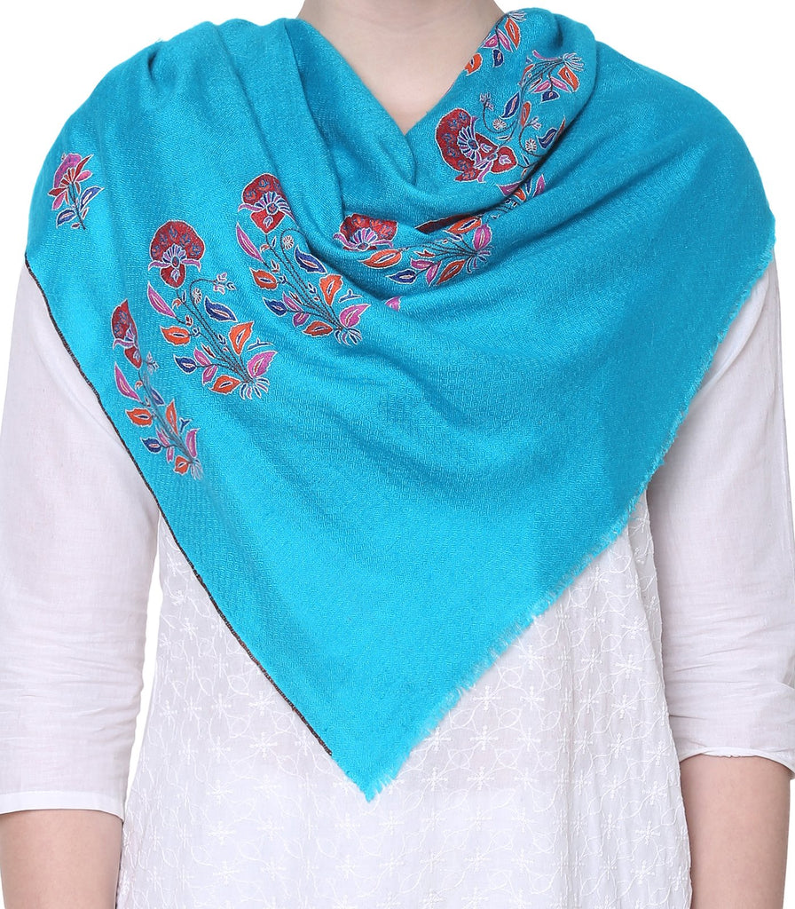 Deep Sky Blue Bootidaar Pashmina with Papier Mache Embroidery on Palla