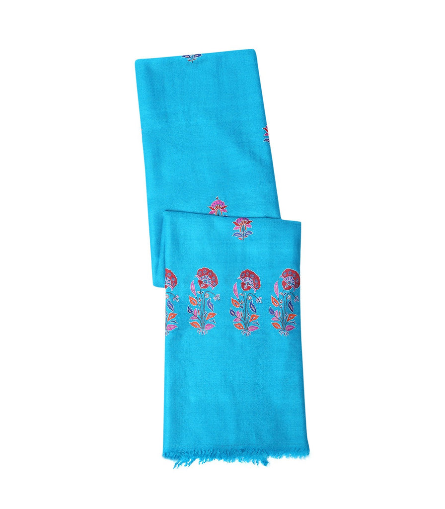 Deep Sky Blue Bootidaar Pashmina with Papier Mache Embroidery on Palla
