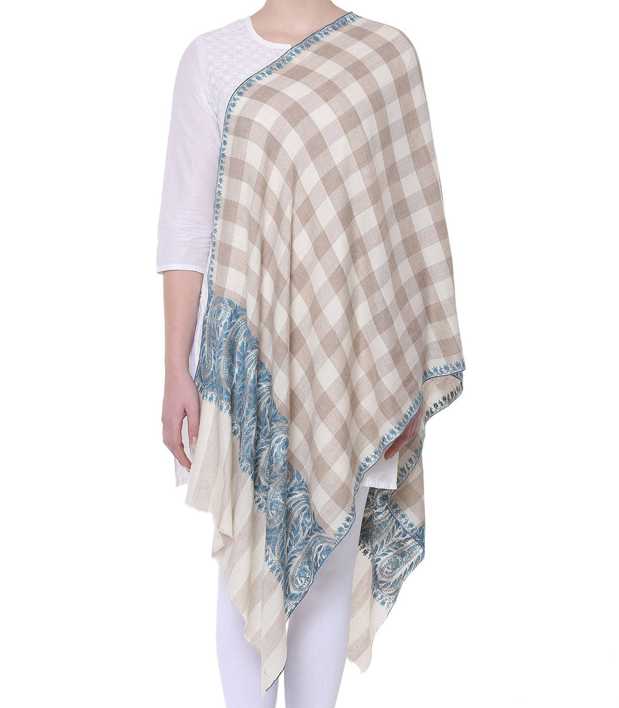 Beige & White Checks Pashmina with Blue Silk Thread Pasileys on Border & Palla