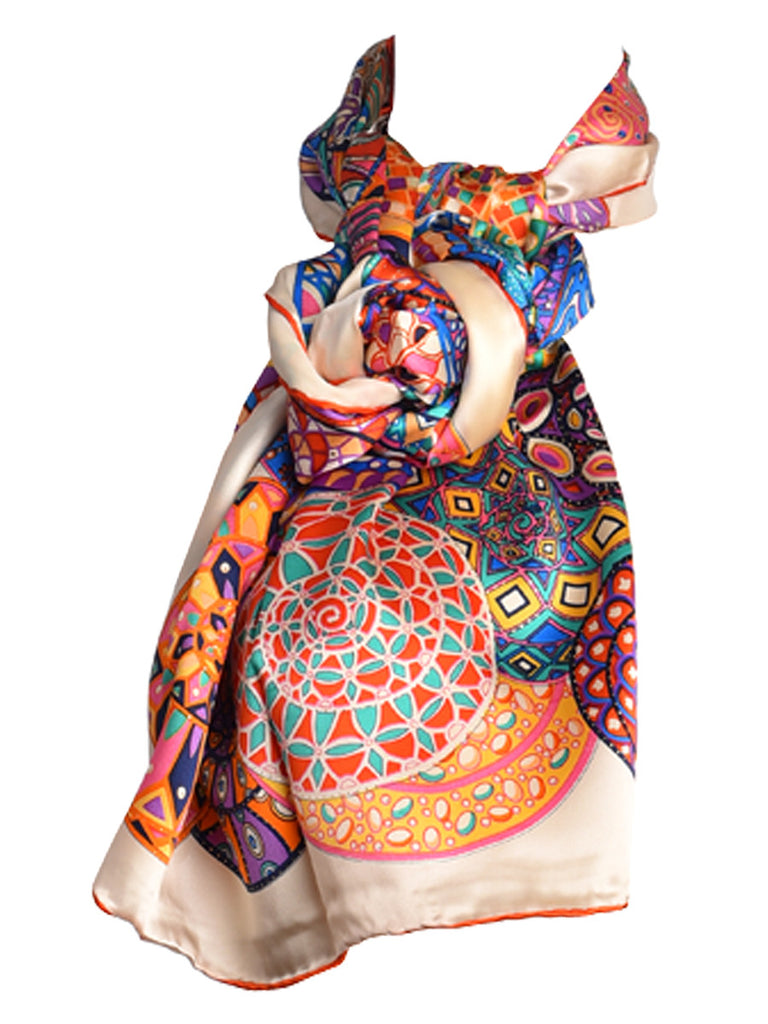 Multicoloured circular print silk scarf