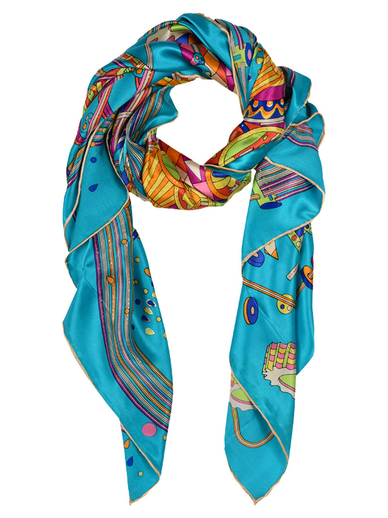 Deep blue silk scarf with multicoloured print