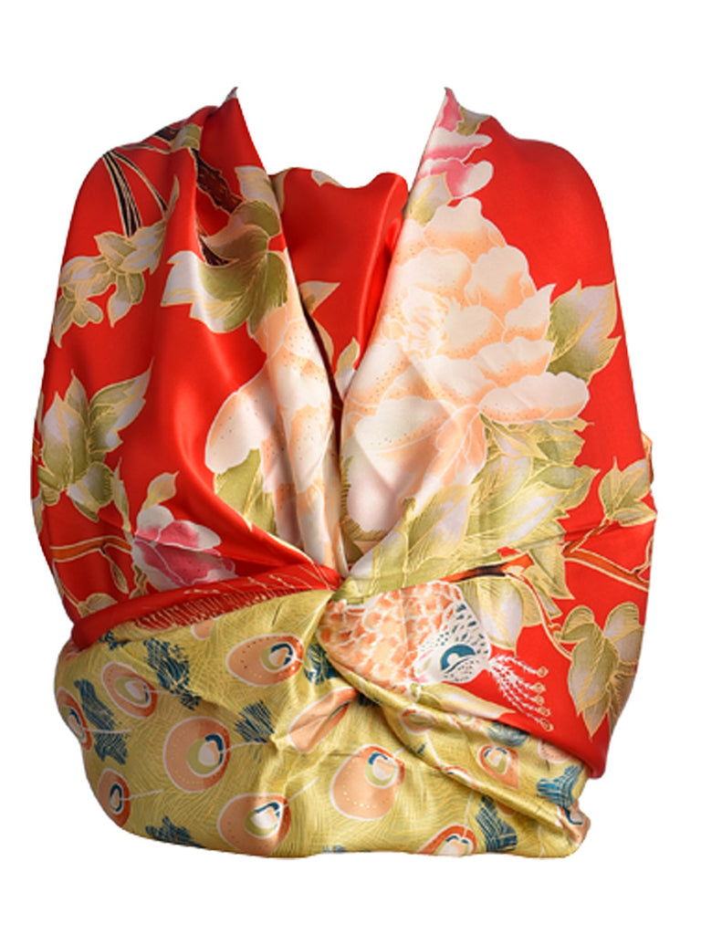 Red silk scarf with peacock print