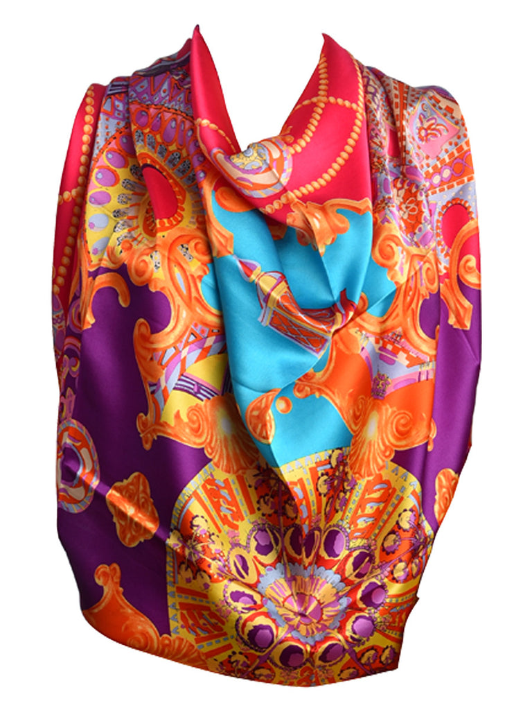 Pink silk scarf with multicolour pattern