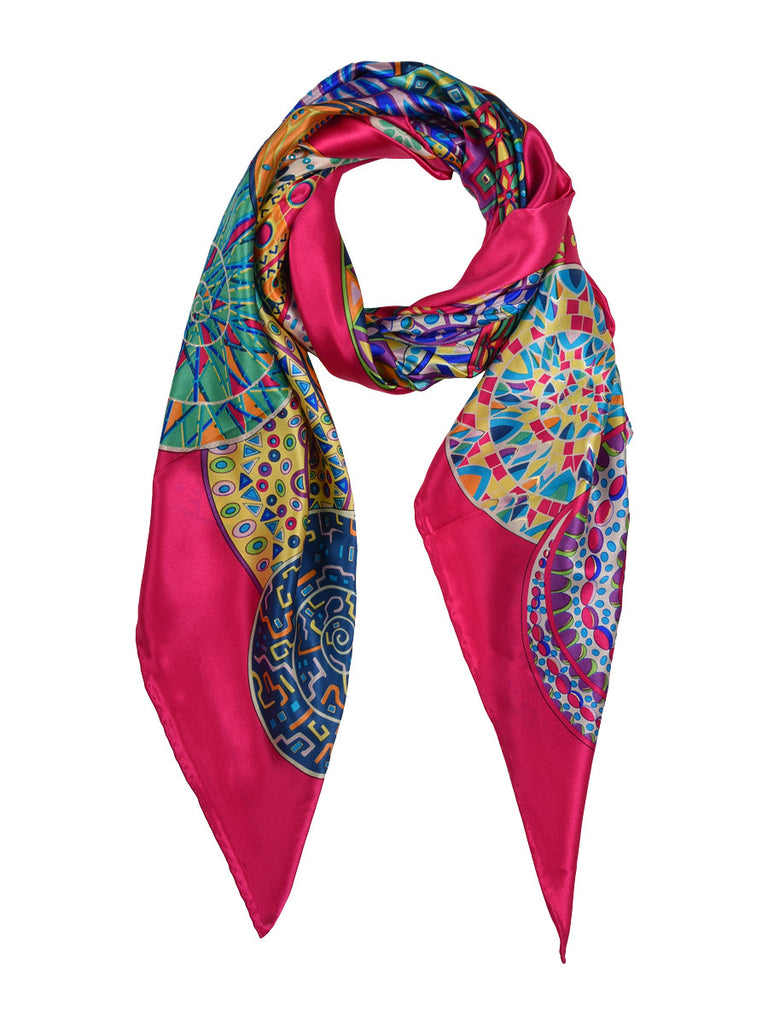 Fuchsia pink silk scarf with circular pattern