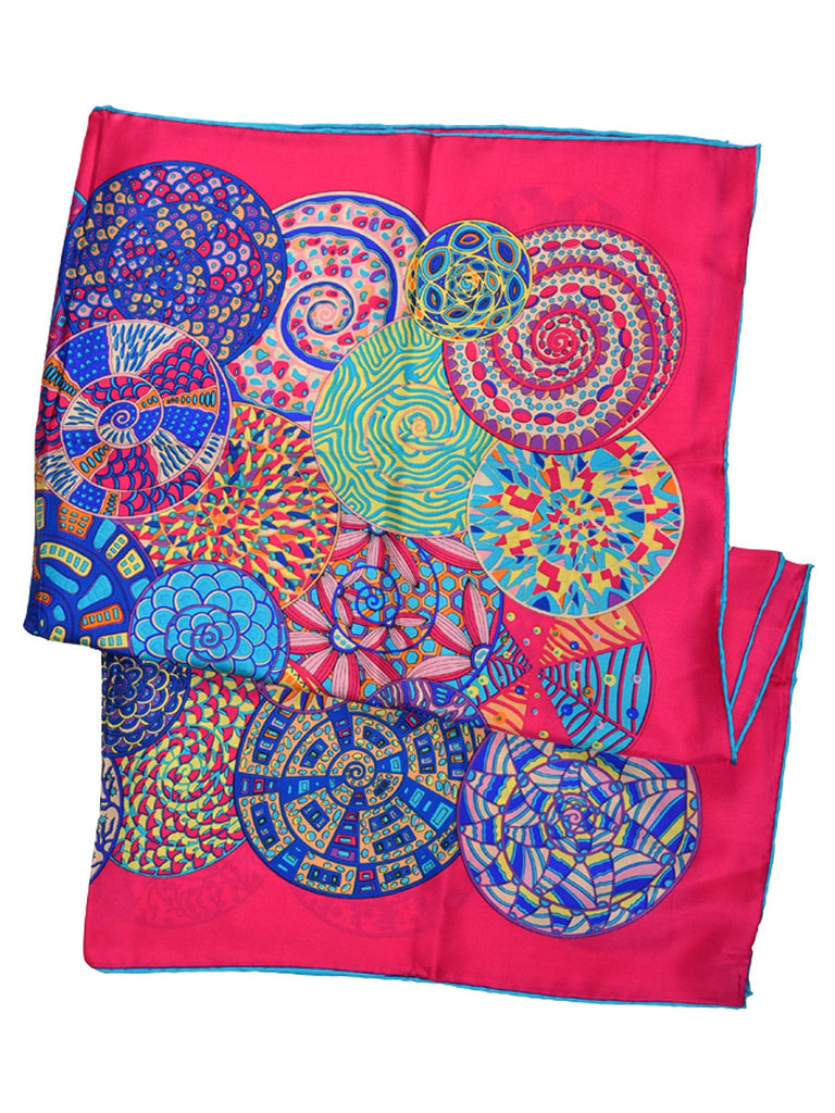 Fuchsia pink silk scarf with circular pattern