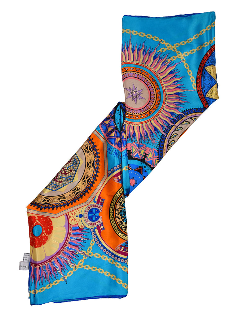 Deep sky blue silk scarf with multicolor circular pattern