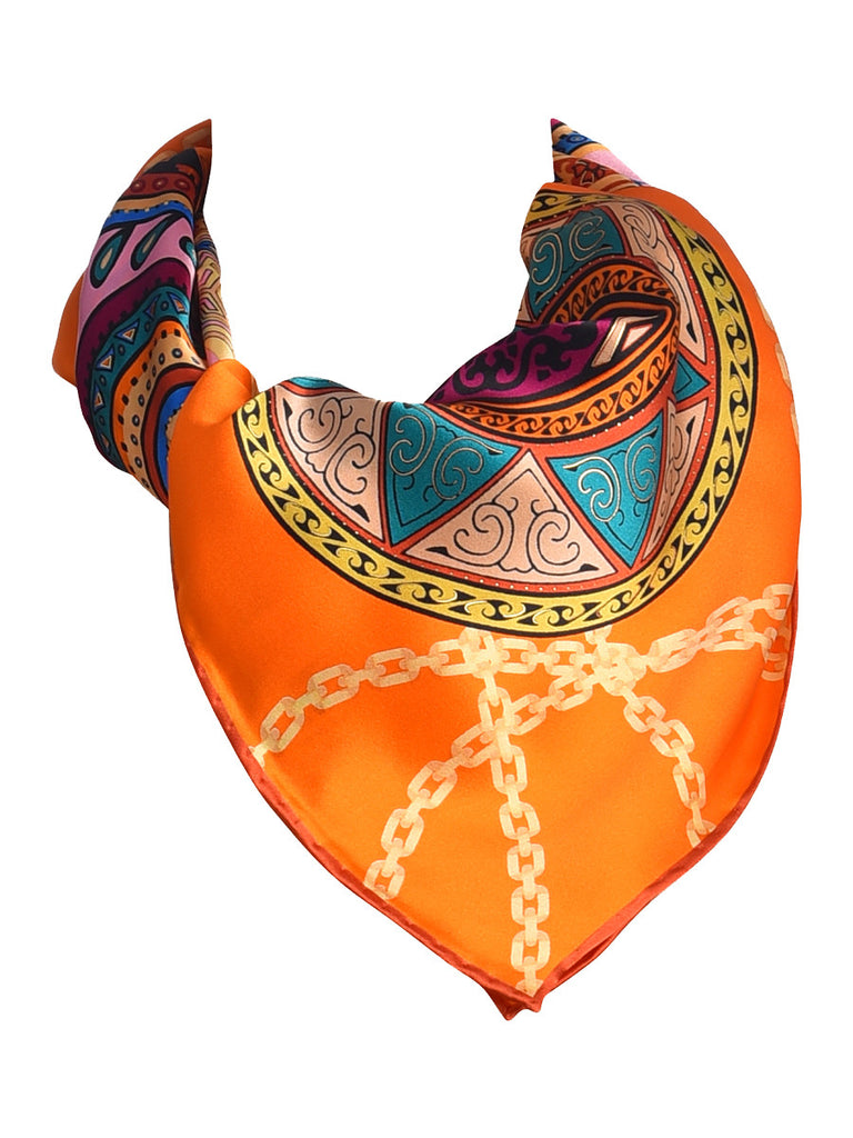 Orange silk scarf with sun theme design