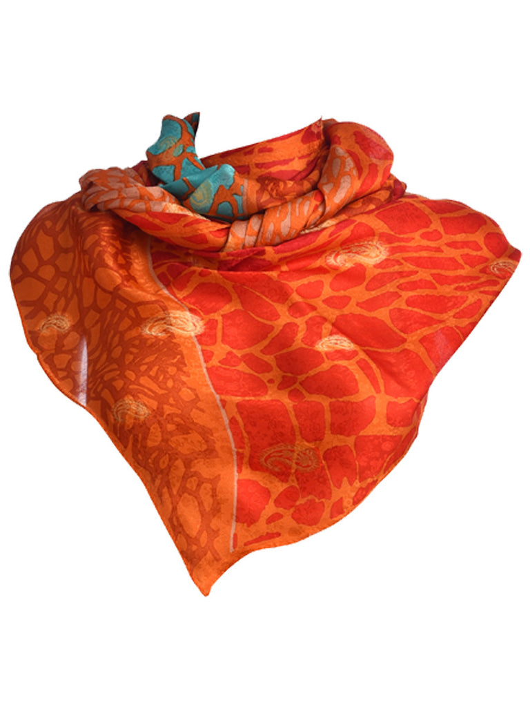 Orange chiffon silk scarf with green and red webbed design